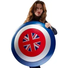 A realistic toy figure of Captain Carter from Marvel, holding her iconic shield with the Union Jack.