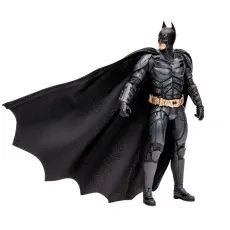 A full-body shot of a Batman action figure from The Dark Knight Trilogy with a long, black cape flowing to the side
