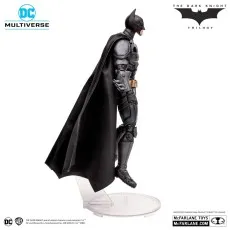 A side view of a Batman action figure from The Dark Knight Trilogy on a clear display stand