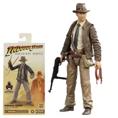 An Indiana Jones action figure holding a machine gun and a whip, with its box beside it.