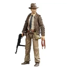 An Indiana Jones action figure holding a pistol and a coiled whip in a classic stance.