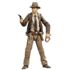 An Indiana Jones action figure holding a pistol and a coiled whip in a classic stance.