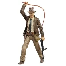 An Indiana Jones action figure holding a whip in the air and a gun in a dynamic pose.