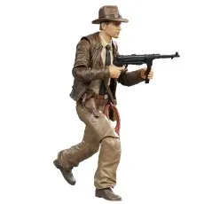 An Indiana Jones action figure in a running pose, holding a machine gun and a whip.