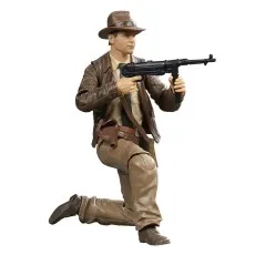 The Indiana Jones Adventure Series doll wearing his classic gear, running with a gun.