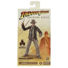 The product box for an Indiana Jones action figure, showing an image of the toy and a warning label.