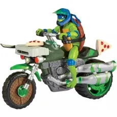 A TMNT toy Leonardo in a helmet on a motorbike. The bike features a front pizza box and a slice on the back.