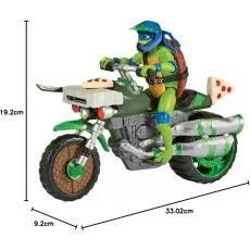 A Leonardo action figure on his motorcycle with its dimensions labeled. The figure is 19.2cm tall.
