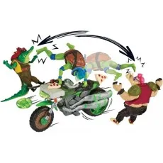 A Teenage Mutant Ninja Turtles toy set shows Leonardo flipping over his motorcycle while fighting two foes.