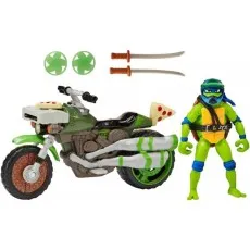 A TMNT action figure set Leonardo toy, his pizza-themed motorcycle, two swords, and two green shurikens.