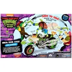 A TMNT toy set box showing Leonardo and his motorbike in action against a rhino and a crocodile figure.