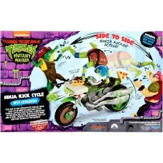 The back of a Teenage Mutant Ninja Turtles toy box, showing Leonardo on his motorcycle fighting villains.