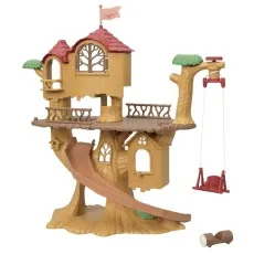 A brown Sylvanian Families Adventure Tree House playset with a red roof, a slide, and a swing