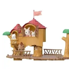 A detailed shot of the Sylvanian Families Adventure Tree House playset with several animal figures