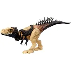 A dinosaur toy, possibly a tyrannosaurus rex, with a head harness and a spiky back
