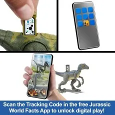 A split image shows a hand scanning a QR code on a dinosaur toy with a phone to unlock digital content