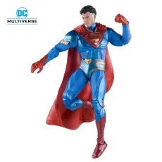 A DC Multiverse Superman action figure in a blue and red suit, in a dynamic flight pose.