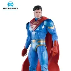 A close-up of a DC Multiverse Superman figure in a blue and red suit with gold accents.