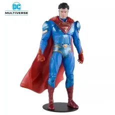 A DC Multiverse Superman action figure with a red cape standing on a black base.