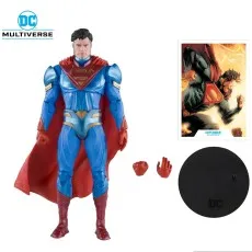 A DC Multiverse Superman action figure with a base, extra hands, and a collectible card.