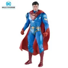 A full-body shot of a Superman toy with a determined expression, fists clenched and cape flowing.