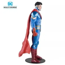 A side view of a DC Multiverse Superman figure on a stand, wearing a blue and red suit..