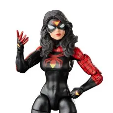 A close-up of a Spider-Woman action figure, showing her face and the intricate details of her suit