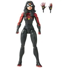 A Spider-Woman action figure wearing a black and red suit with a yellow spider emblem. The figure comes with two extra hands
