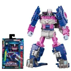 A Transformers Legacy Evolution Axlegrease figure in blue and pink, shown in its box and out of it.