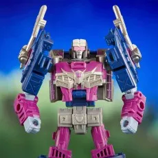 A Transformers Legacy Evolution Axlegrease action figure standing against a cosmic background.