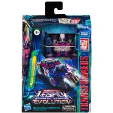 A Transformers Legacy Evolution Axlegrease figure in its vehicle mode on the front of its box.