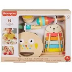 A wooden Fisher-Price Musical Gift Set with a xylophone, a maraca, and a tambourine