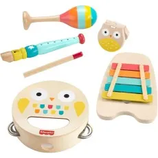 A complete wooden Fisher-Price musical gift set, including a tambourine, maraca, flute, and xylophone