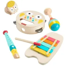 A wooden musical toy set including an owl tambourine, a whale xylophone, a maraca, a flute, and a block