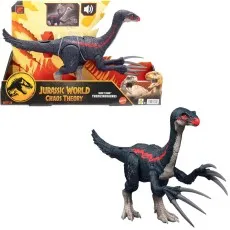 A toy box and figure of a Therizinosaurus with long claws from Jurassic World Chaos Theory
