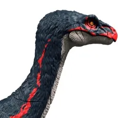 A close-up of a dinosaur toy, showing its head and neck. It has dark blue feathers, with a red stripe