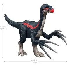 A Jurassic World Therizinosaurus toy with measurements of its height and length
