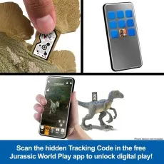 A multi-image graphic shows a hand scanning a QR code on a dinosaur toy with a phone to unlock digital play