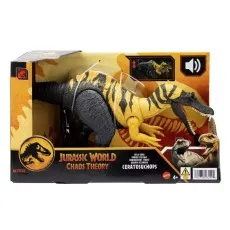 A boxed Jurassic World Chaos Theory toy figure of a yellow and black Ceratosuchops dinosaur