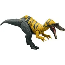 A Ceratosuchops dinosaur toy with a gray body, yellow and black striped back, and an open mouth