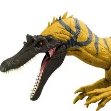 A close-up of a dinosaur toy with its mouth open, showing its pointed snout, teeth, and tongue