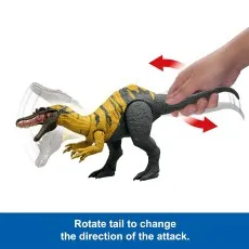 A boxed Jurassic World Chaos Theory toy figure of a yellow and black Ceratosuchops dinosaur