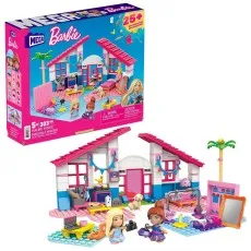 A MEGA Barbie Malibu House building set with 303 pieces, featuring two buildable Barbie micro-dolls, a puppy, and 25+ accessories