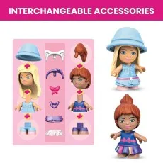 An image showing two Barbie micro-dolls with a variety of interchangeable accessories like hair, hats, and outfits