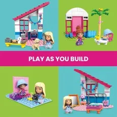 Four scenes showing the MEGA Barbie Malibu House set and its buildable sections, with two micro-dolls