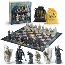 A full Lord of the Rings chess set with detailed character pieces, a themed board, and bags