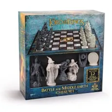 A product image of The Lord of the Rings chess set box, showing the included pieces and board through a window