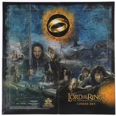 A promotional poster for The Lord of the Rings chess set, featuring the film's main characters