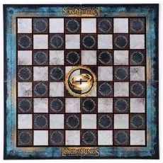 An overhead view of the Lord of the Rings chessboard, featuring the One Ring and themed squares