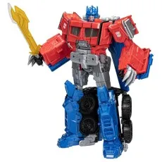 A full-body front view of the Transformers Optimus Prime figure with a golden sword